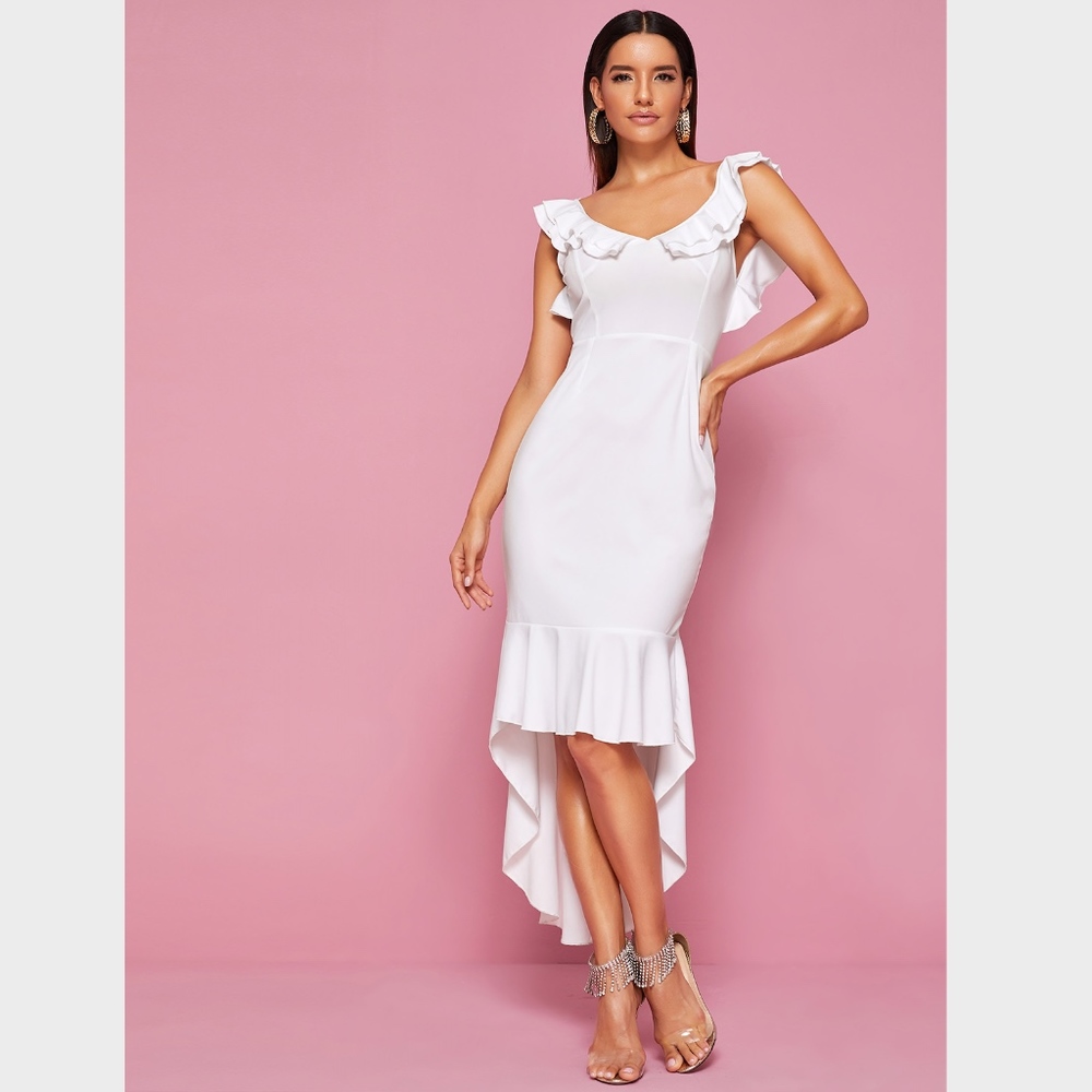 White Backless Criss Cross High Low Ruffle Dress - Picture 2 of 6